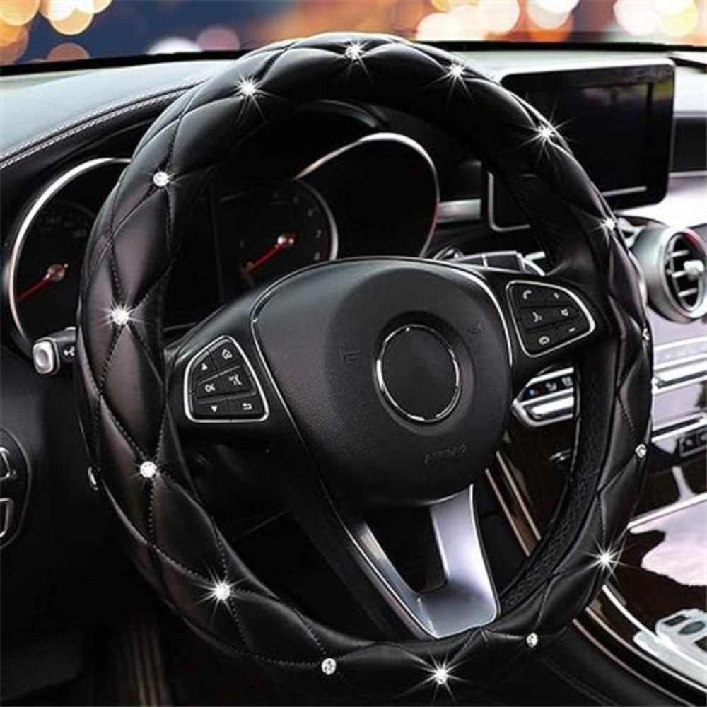 Diamond Soft Leather AntiSlip Steering Wheel Cover with Bling Crystal Rhinestone